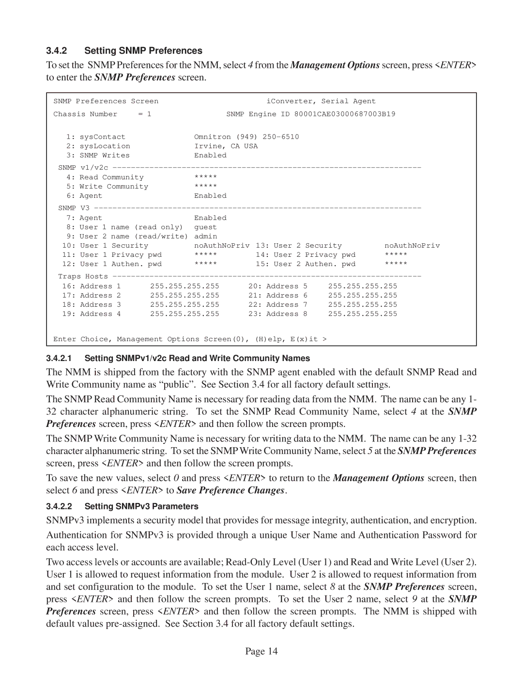 Omnitron Systems Technology 8000-0 user manual Setting Snmp Preferences 