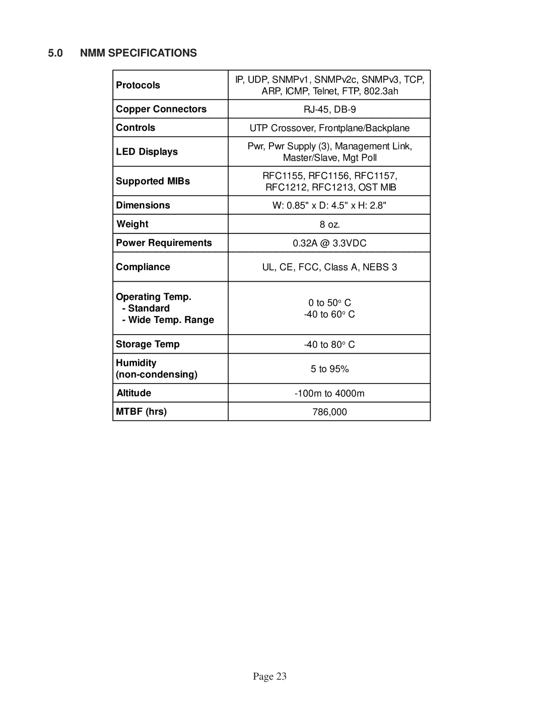 Omnitron Systems Technology 8000-0 user manual NMM Specifications 