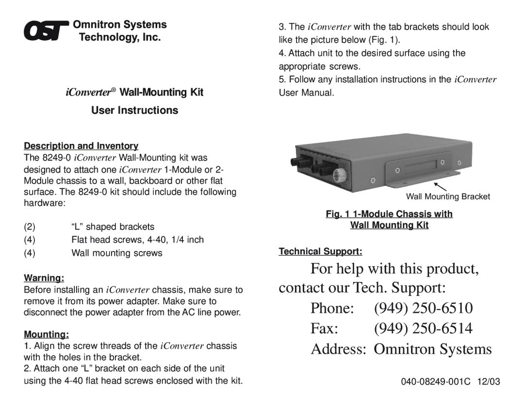 Omnitron Systems Technology 8249-0 installation instructions IConverter Wall-Mounting Kit User Instructions 