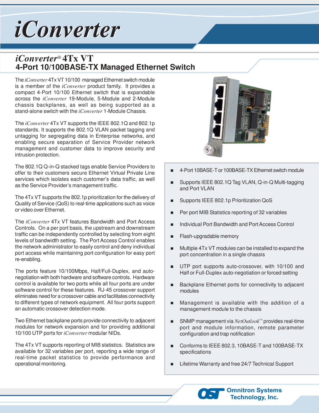 Omnitron Systems Technology 8481-4 specifications IConverter 4Tx VT, Port 10/100BASE-TX Managed Ethernet Switch 