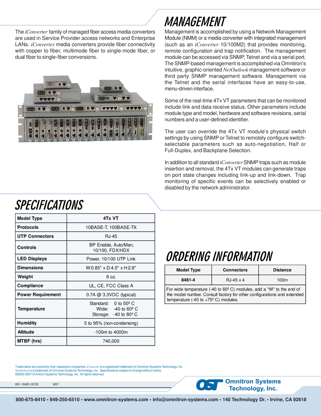 Omnitron Systems Technology 8481-4 Model Type 4Tx VT Protocols, UTP Connectors, Controls, LED Displays, Dimensions 