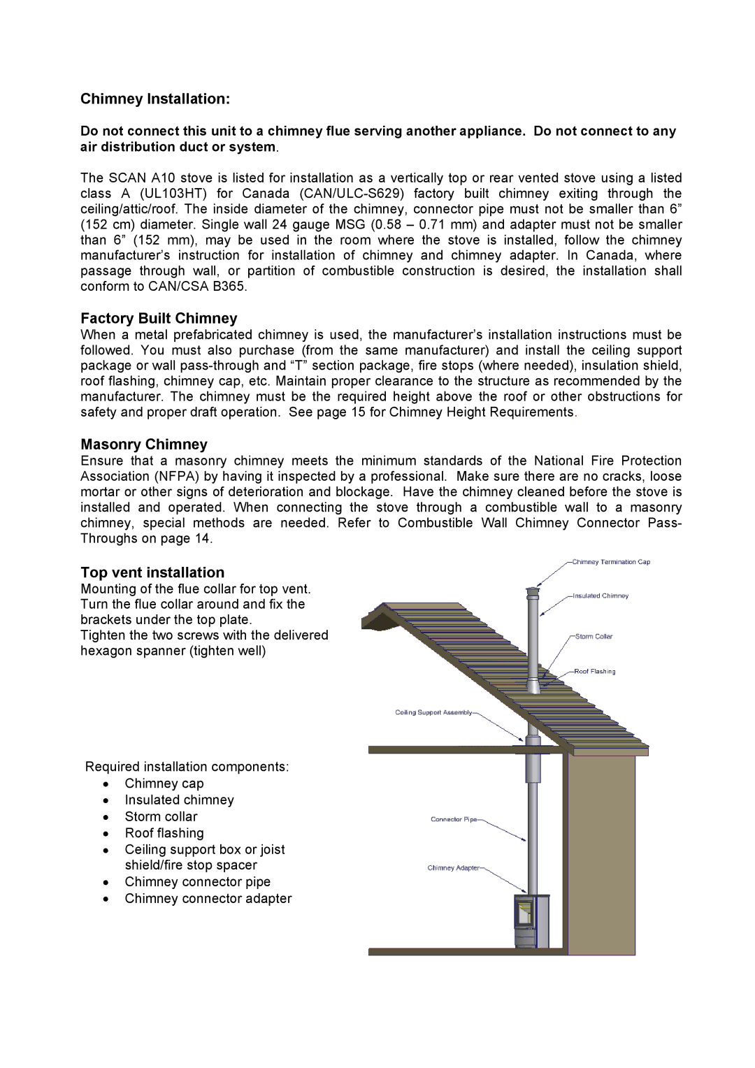 Omnitron Systems Technology A10 manual Chimney Installation, Factory Built Chimney, Masonry Chimney, Top vent installation 