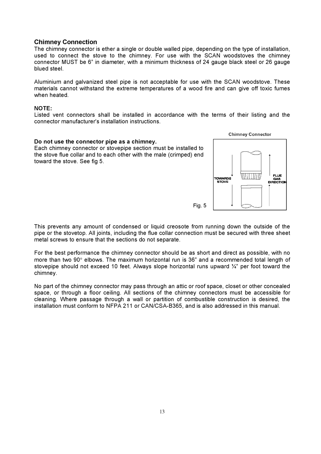 Omnitron Systems Technology A10 manual Chimney Connection, Do not use the connector pipe as a chimney 