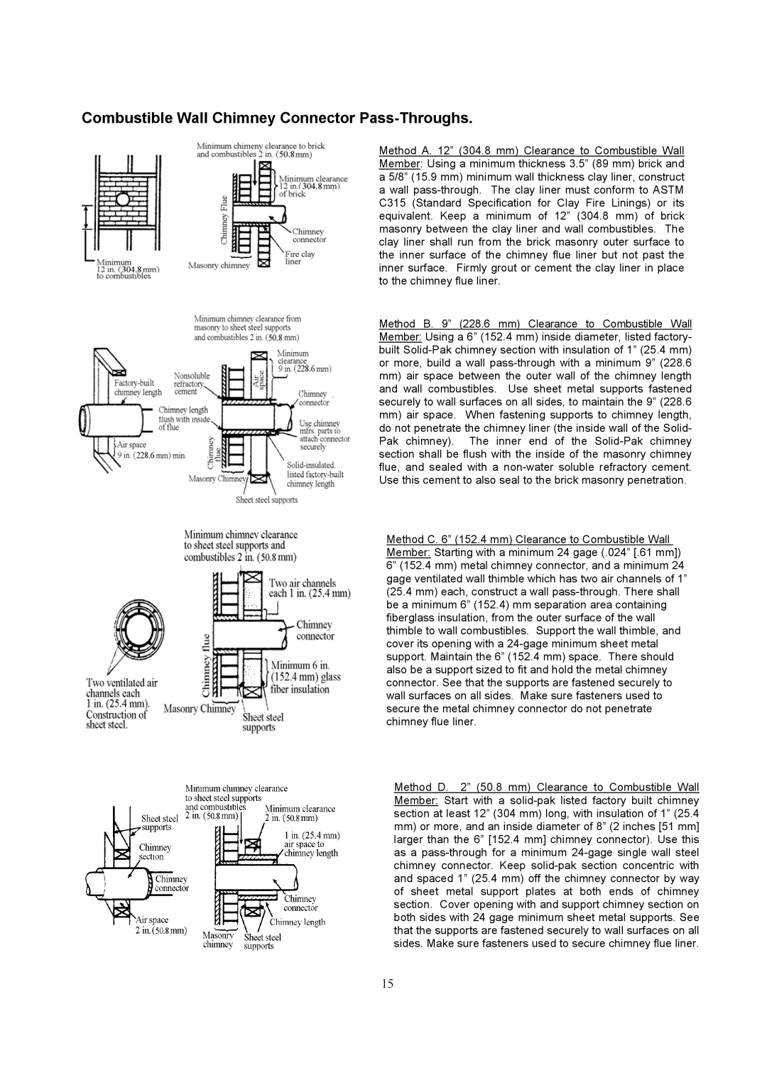 Omnitron Systems Technology A10 manual Combustible Wall Chimney Connector Pass-Throughs 