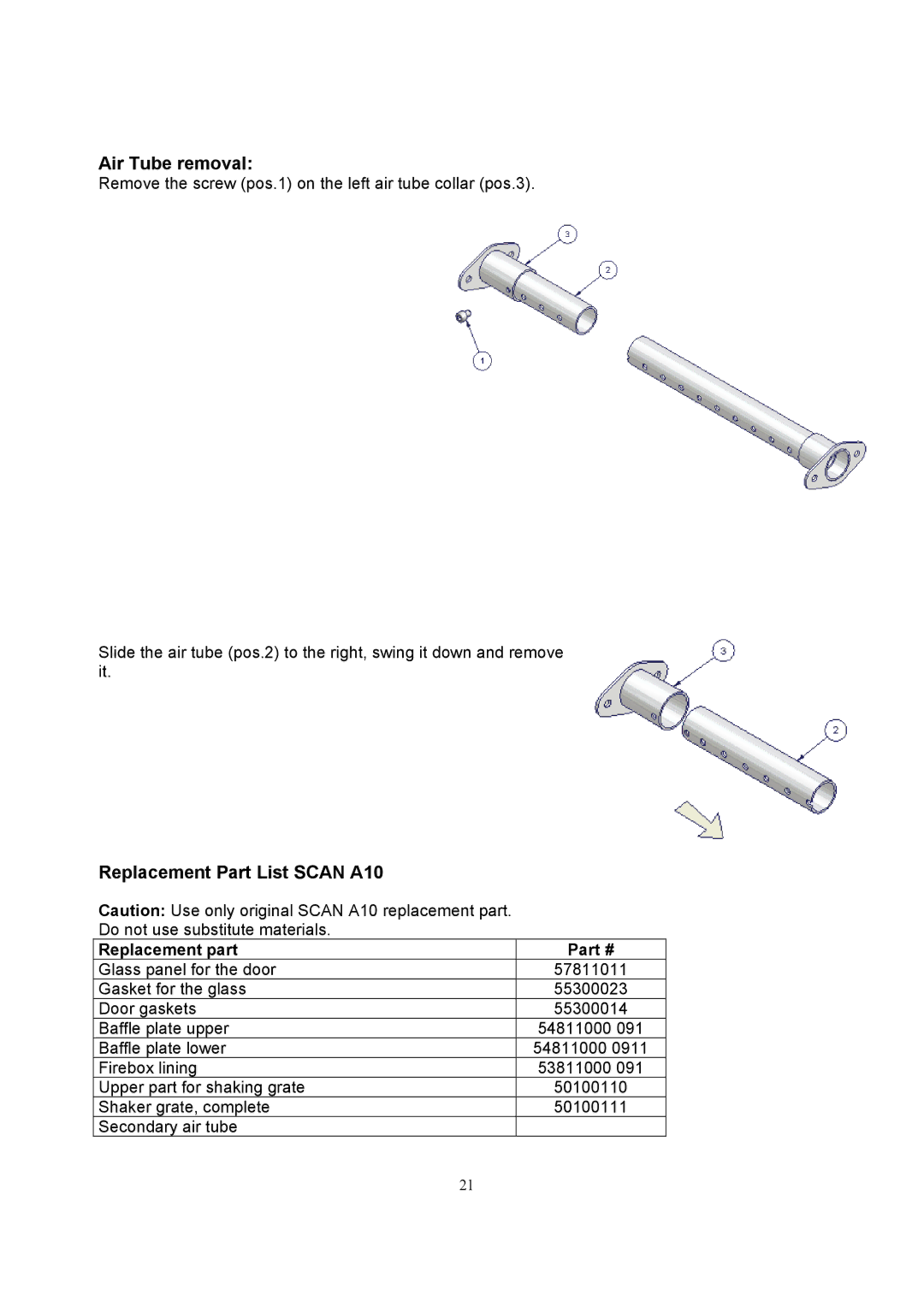 Omnitron Systems Technology manual Air Tube removal, Replacement Part List Scan A10, Replacement part 