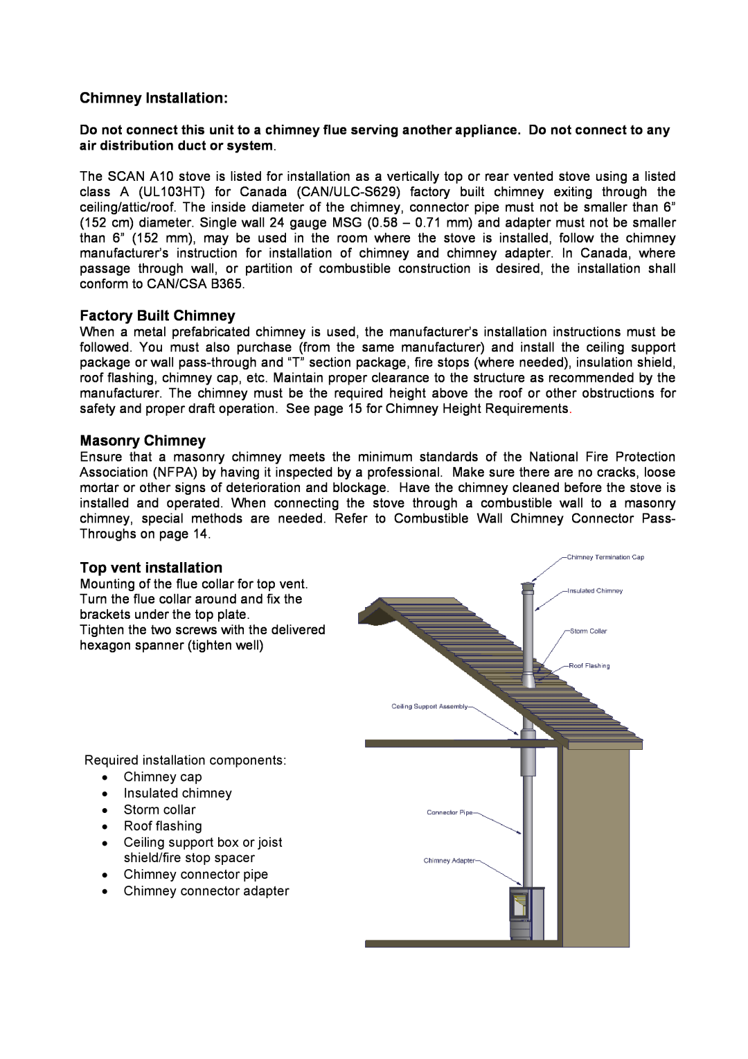 Omnitron Systems Technology A10 manual Chimney Installation, Factory Built Chimney, Masonry Chimney, Top vent installation 
