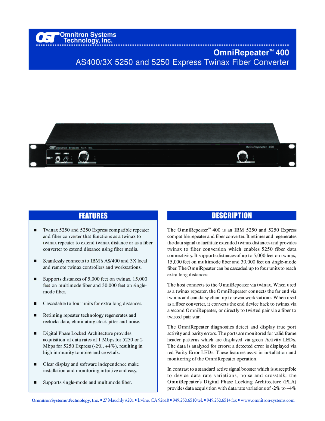 Omnitron Systems Technology AS5250, AS400/3X manual Features, Description 