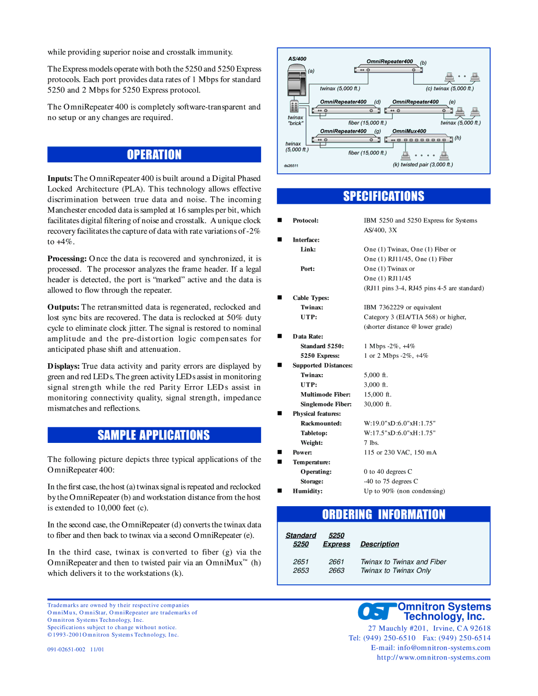 Omnitron Systems Technology AS400/3X, AS5250 manual Operation, Sample Applications, Ordering Information 