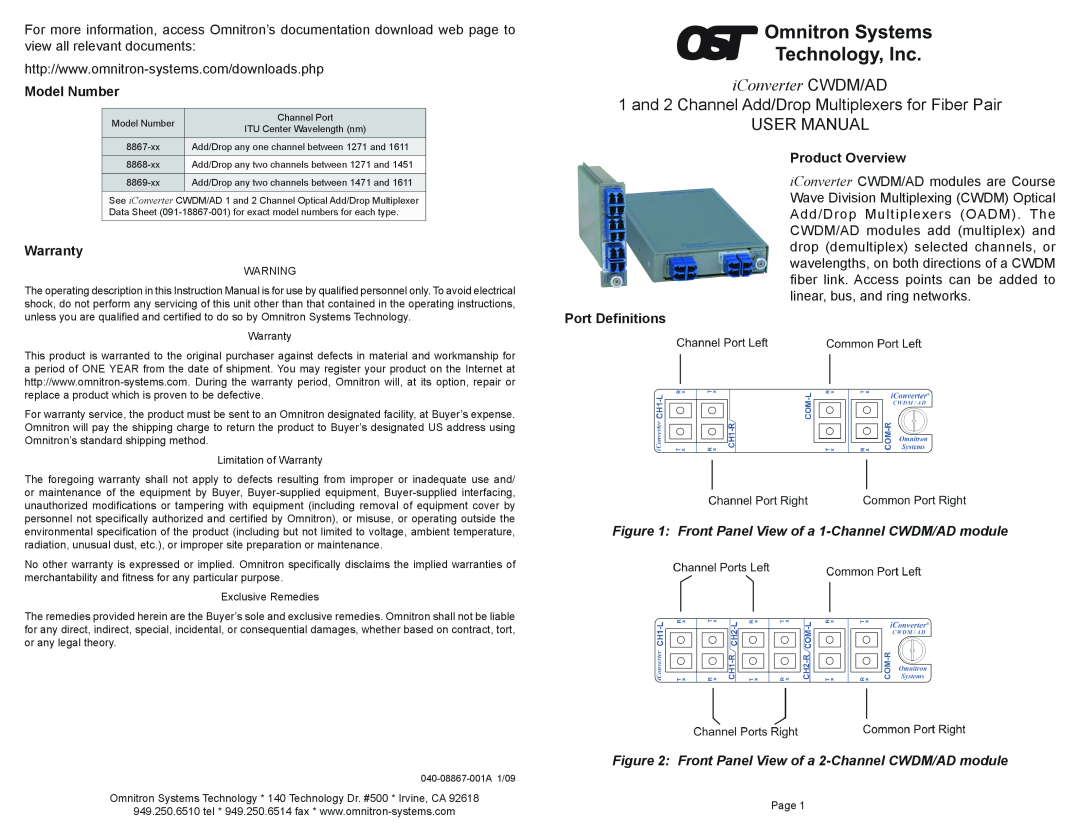 Omnitron Systems Technology CWDM/AD user manual Model Number, Warranty, Product Overview, Port Definitions 