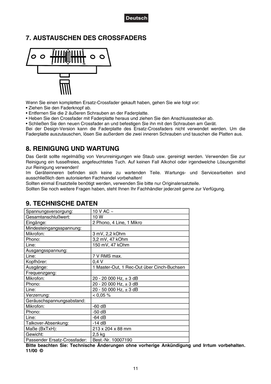 Omnitron Systems Technology DJ-40 user manual Austauschen DES Crossfaders, Reinigung UND Wartung, Technische Daten 