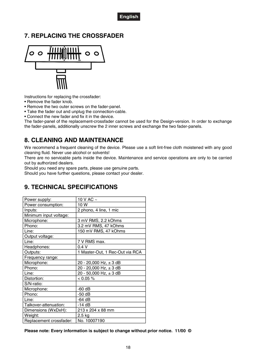 Omnitron Systems Technology DJ-40 user manual Replacing the Crossfader, Cleaning and Maintenance, Technical Specifications 