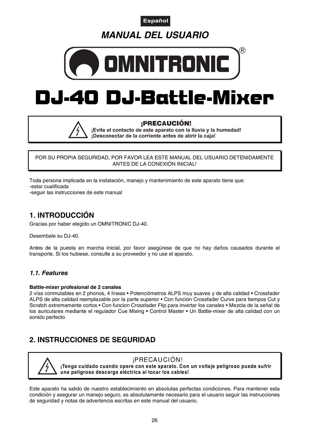 Omnitron Systems Technology DJ-40 Introducción, Instrucciones DE Seguridad, Battle-mixer profesional de 2 canales 