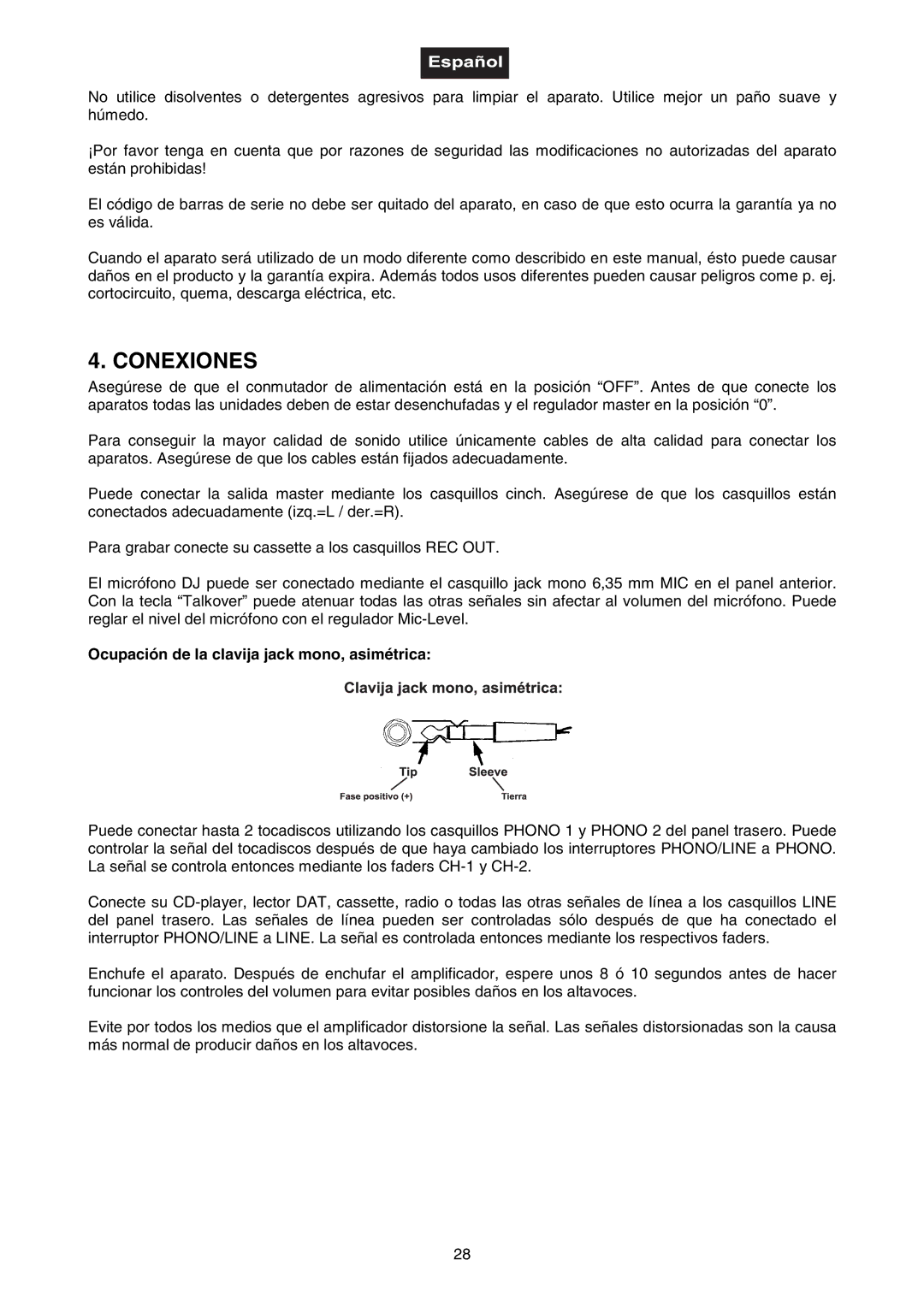 Omnitron Systems Technology DJ-40 user manual Conexiones, Ocupación de la clavija jack mono, asimétrica 