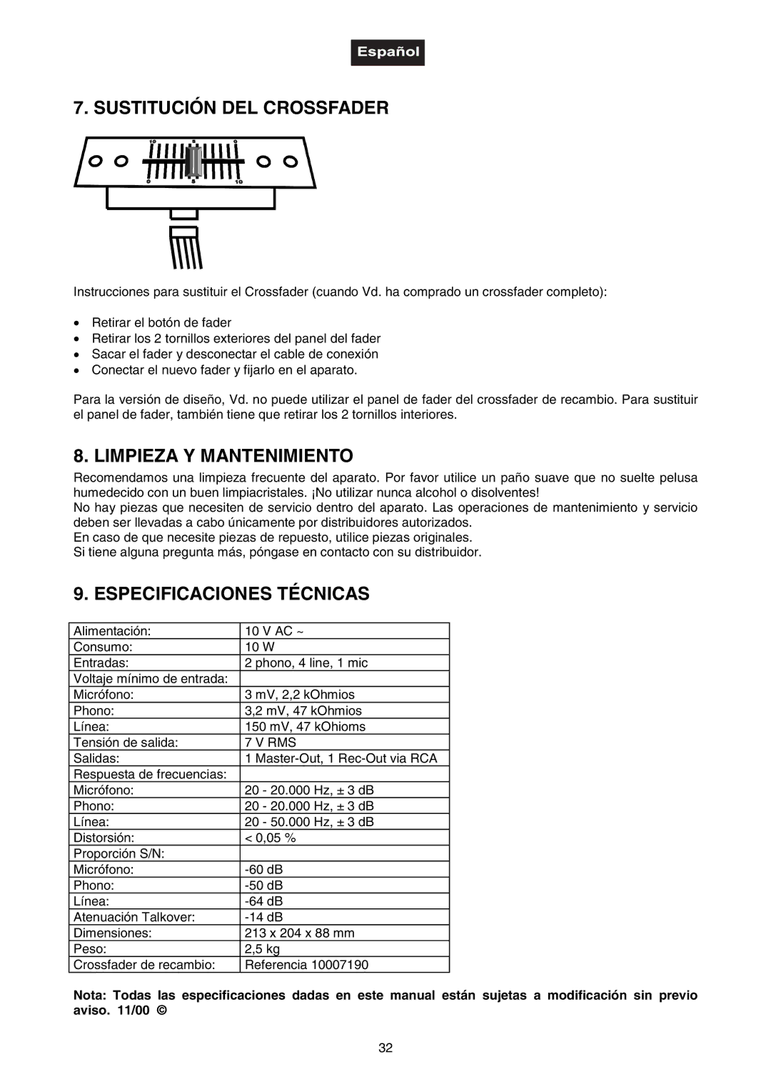 Omnitron Systems Technology DJ-40 Sustitución DEL Crossfader, Limpieza Y Mantenimiento, Especificaciones Técnicas 