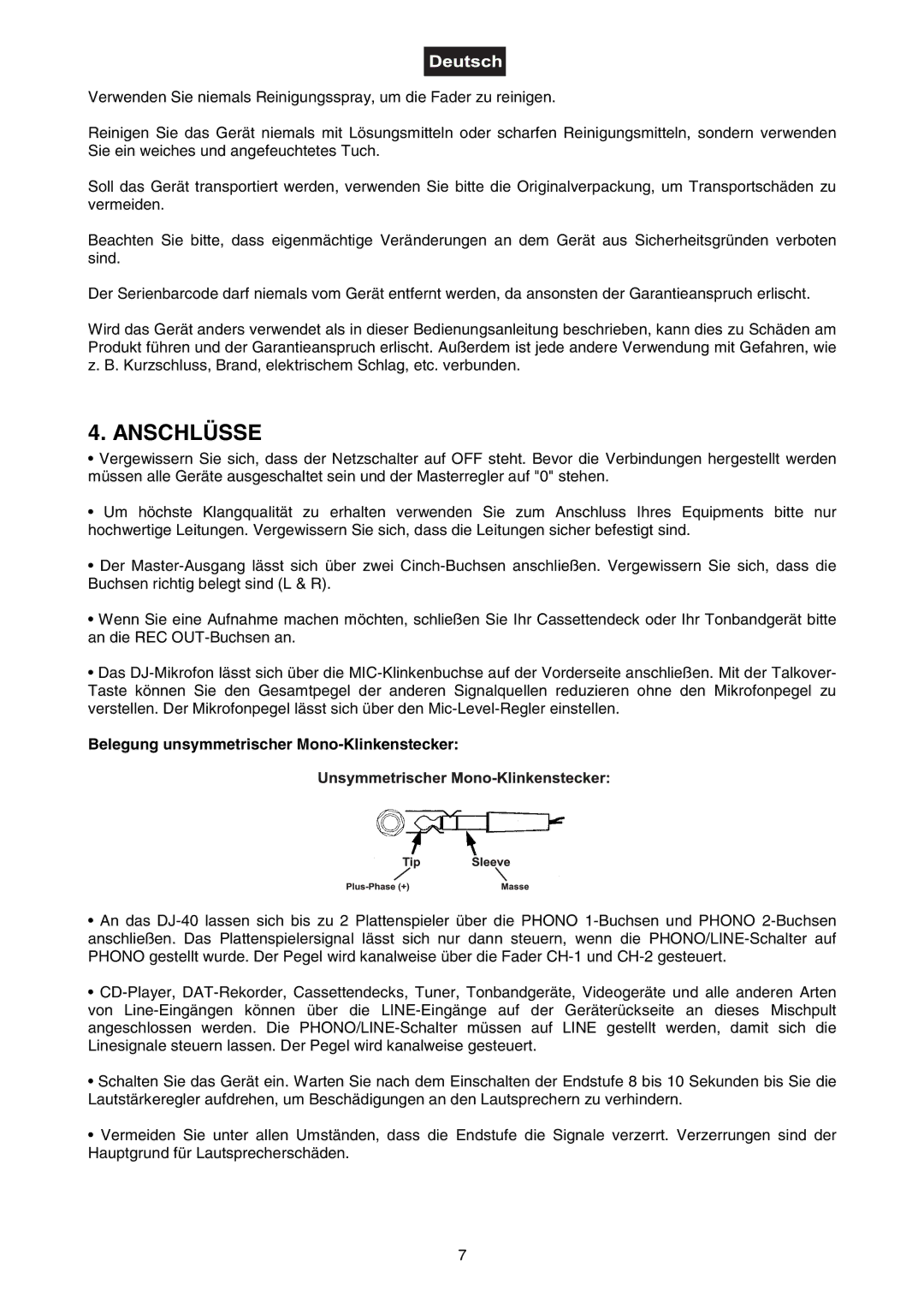 Omnitron Systems Technology DJ-40 user manual Anschlüsse, Belegung unsymmetrischer Mono-Klinkenstecker 