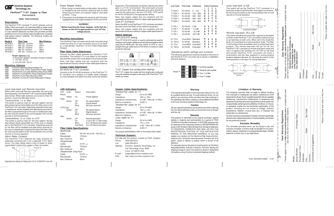 Omnitron Systems Technology T1 warranty Mounting instructions, Switch Settings, Mounting Options, Copper Cable Attachment 
