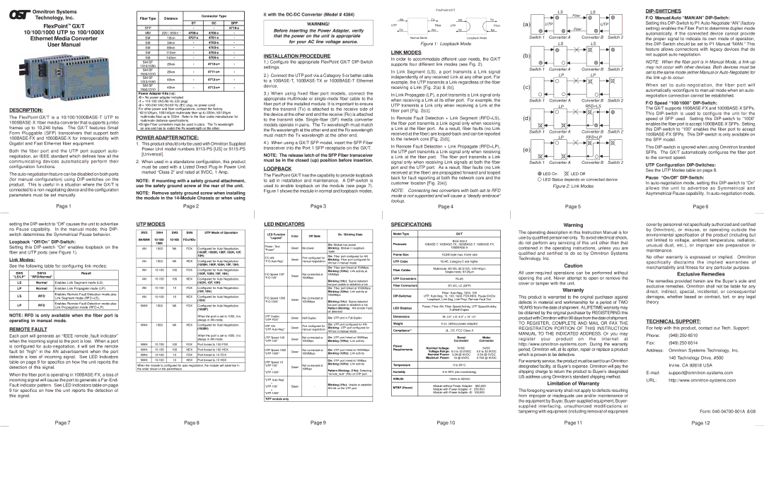 Omnitron Systems Technology FlexPoint GX/T specifications Description, Remote Fault, Power Adapter Notice, UTP Modes 
