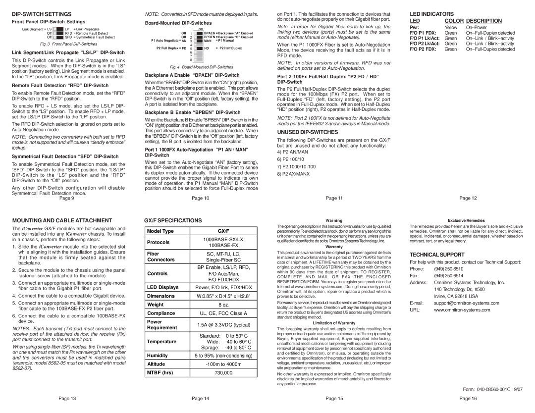 Omnitron Systems Technology GX/F user manual DIP-SWITCH Settings, Unused DIP-SWITCHES, LED Indicators Color Description 