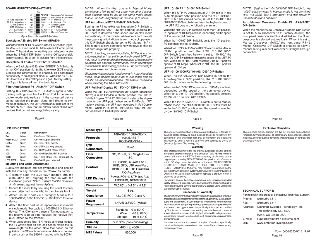 Omnitron Systems Technology GX/T user manual Board Mounted DIP-SWITCHES, LED Indicators, Technical Support 