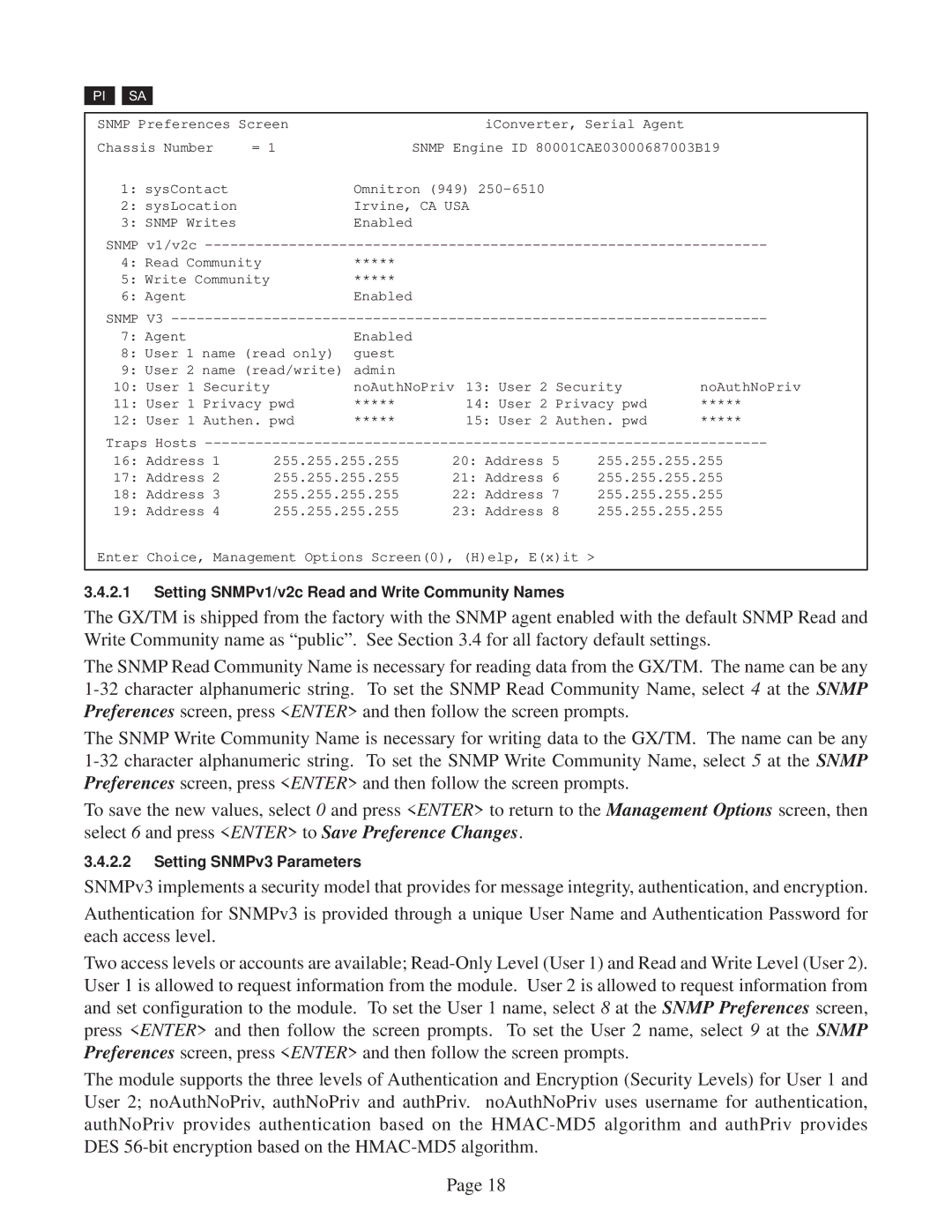 Omnitron Systems Technology GX/TM user manual Setting SNMPv1/v2c Read and Write Community Names 