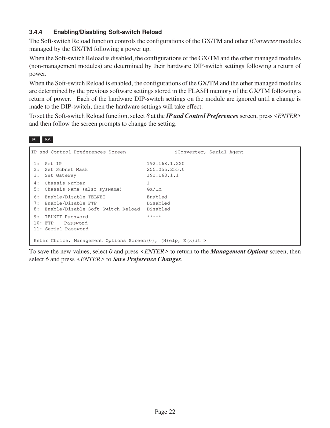 Omnitron Systems Technology GX/TM user manual Enabling/Disabling Soft-switch Reload 