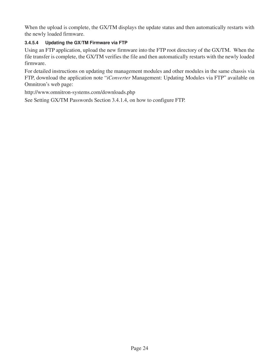 Omnitron Systems Technology user manual Updating the GX/TM Firmware via FTP 