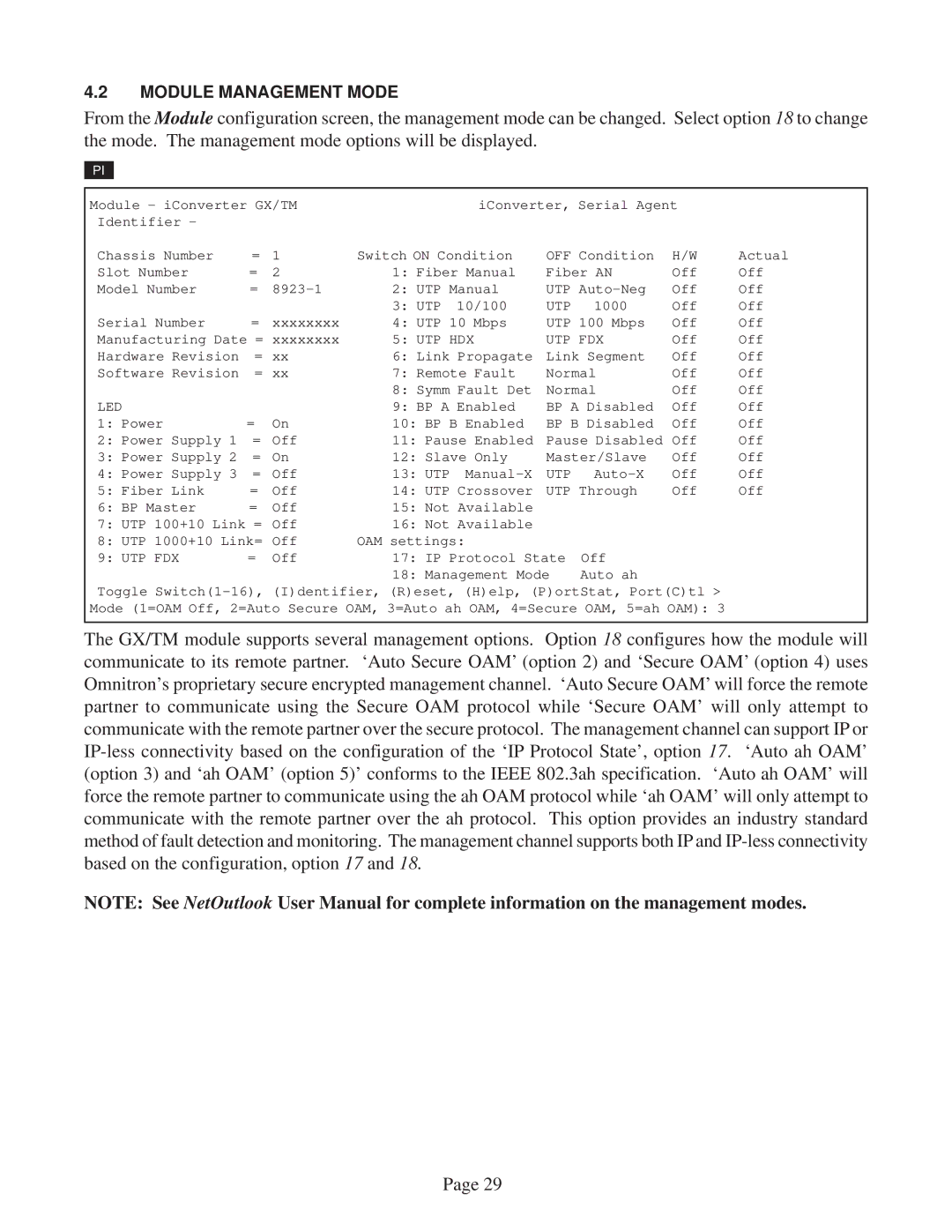 Omnitron Systems Technology GX/TM user manual Module Management Mode 