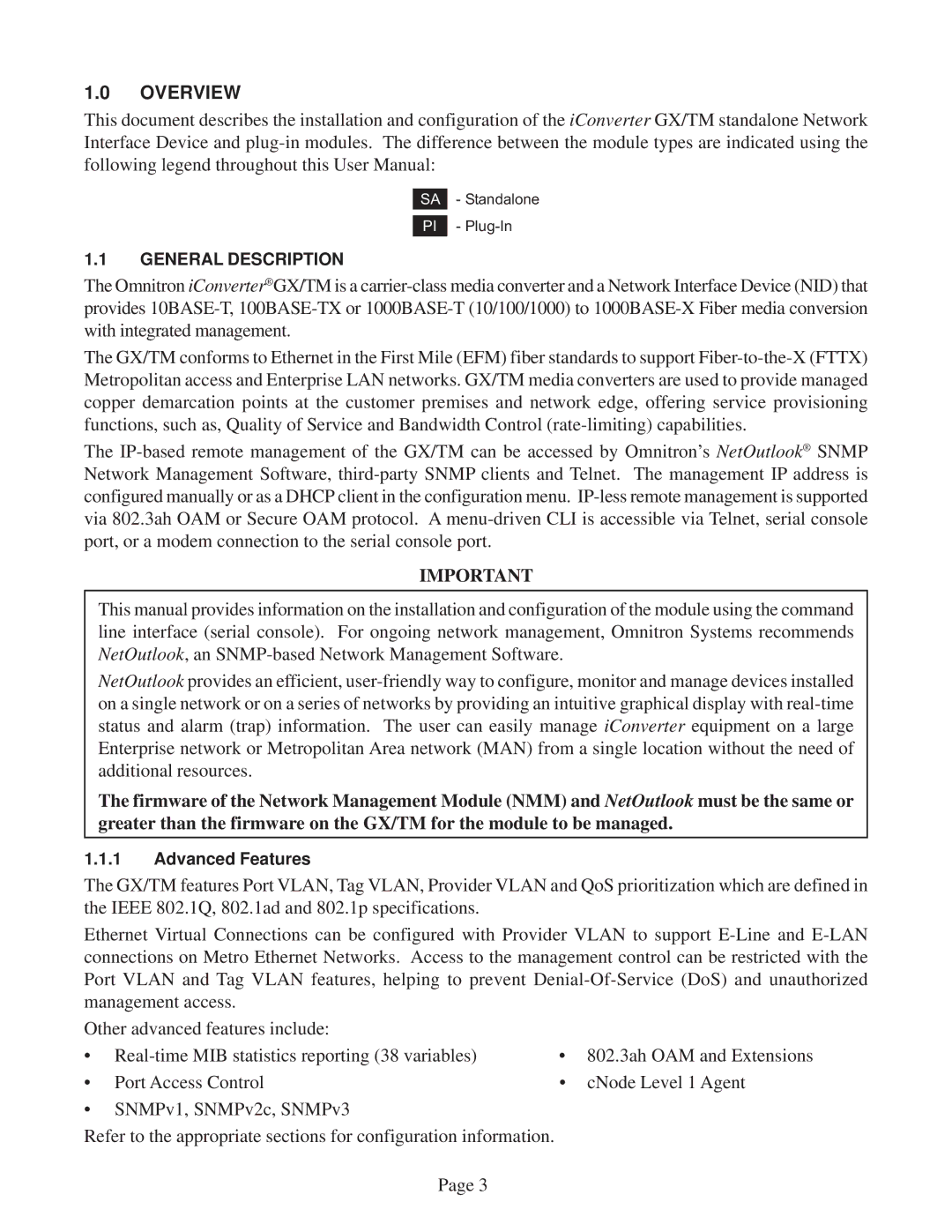 Omnitron Systems Technology GX/TM user manual Overview 