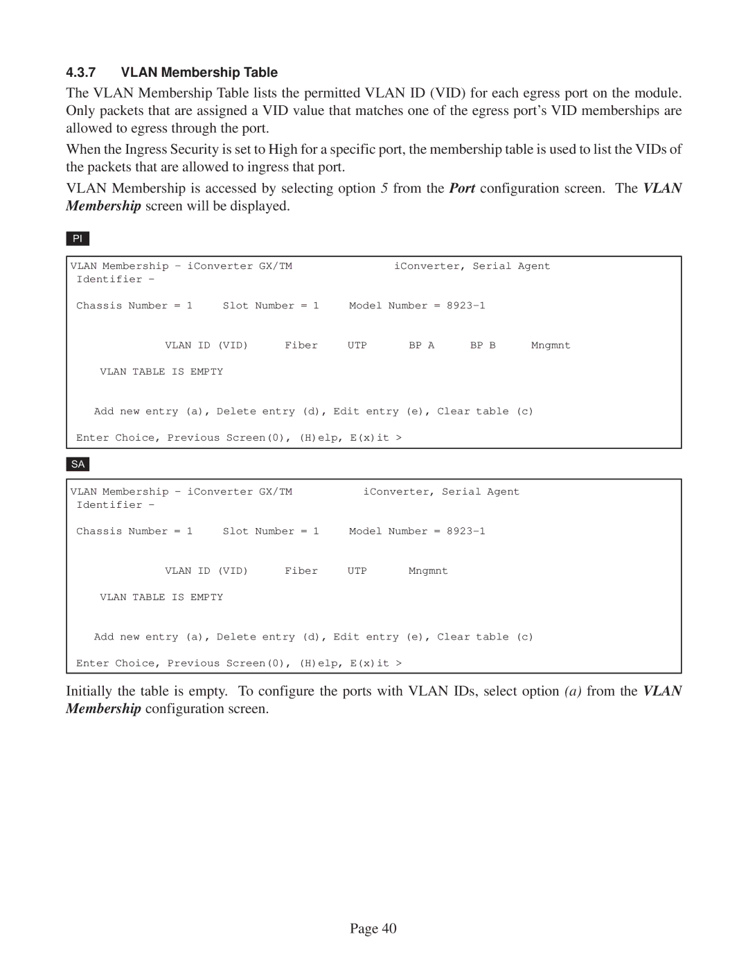 Omnitron Systems Technology GX/TM user manual Vlan ID VID, UTP BP a BP B, Vlan Table is Empty 