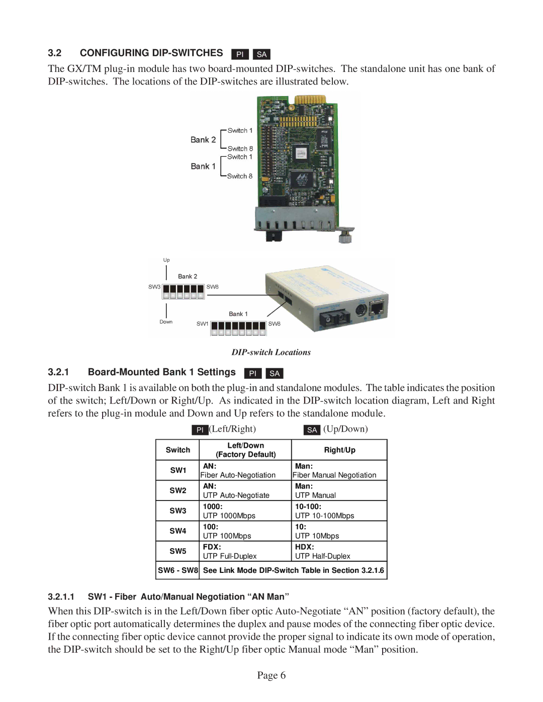 Omnitron Systems Technology GX/TM user manual Configuring DIP-SWITCHES 