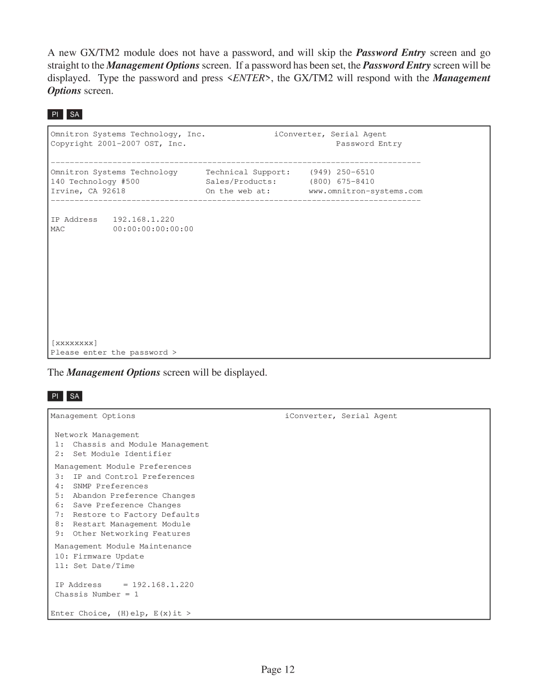 Omnitron Systems Technology GX/TM2 user manual Management Options screen will be displayed 