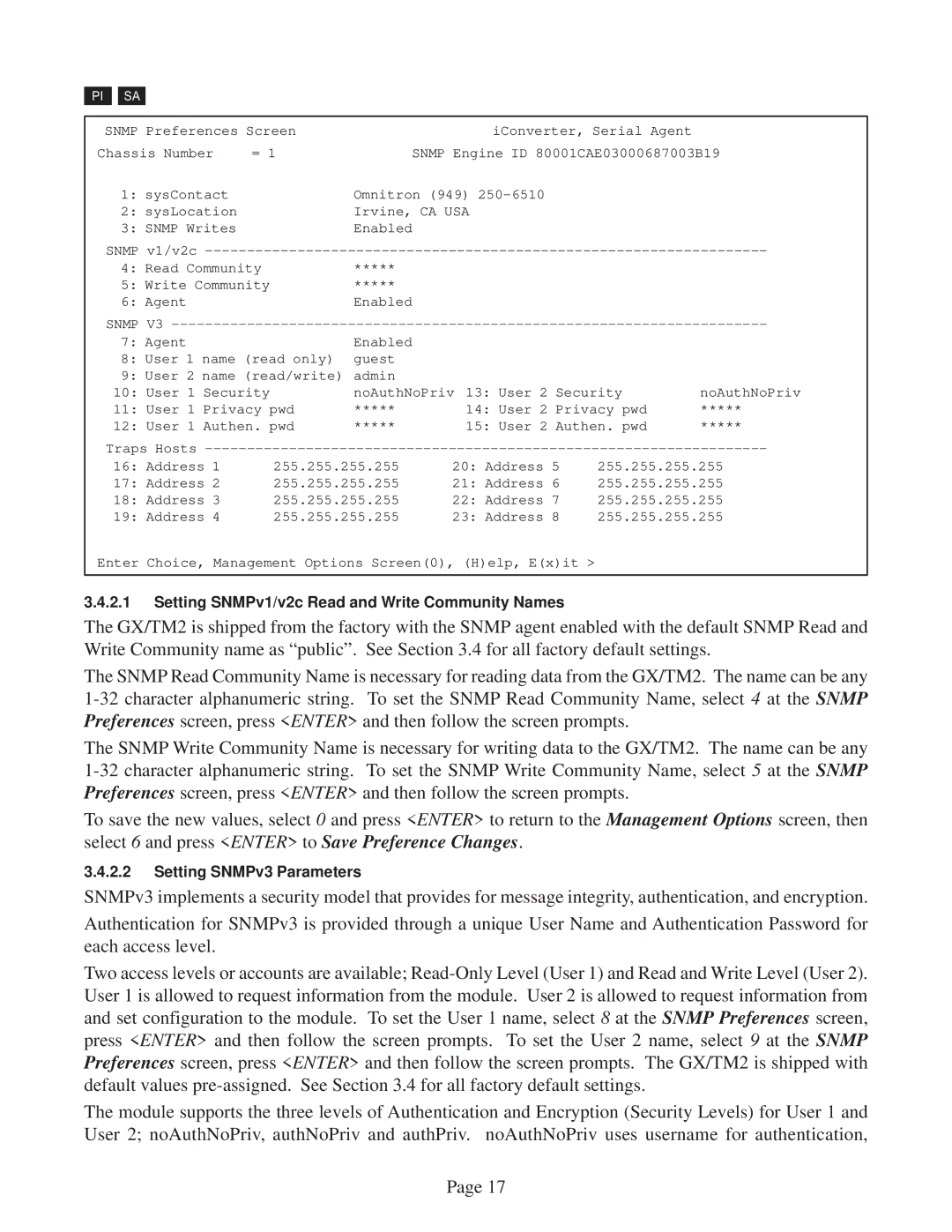 Omnitron Systems Technology GX/TM2 user manual Setting SNMPv1/v2c Read and Write Community Names 