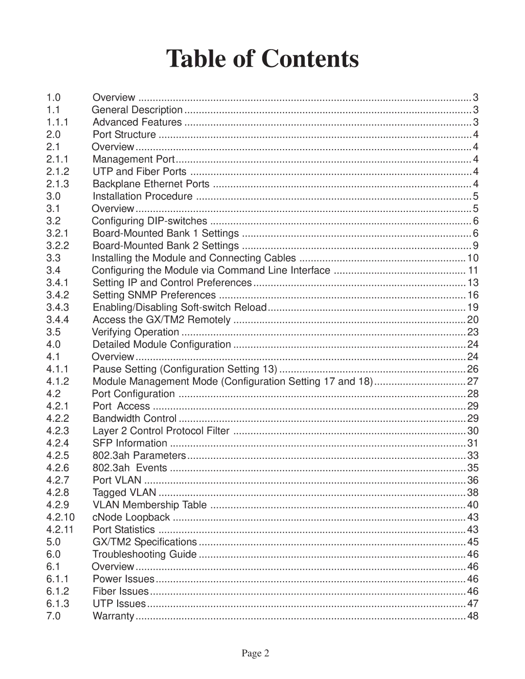 Omnitron Systems Technology GX/TM2 user manual Table of Contents 