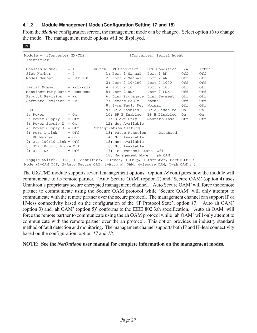 Omnitron Systems Technology GX/TM2 user manual Module Management Mode Configuration Setting 17 