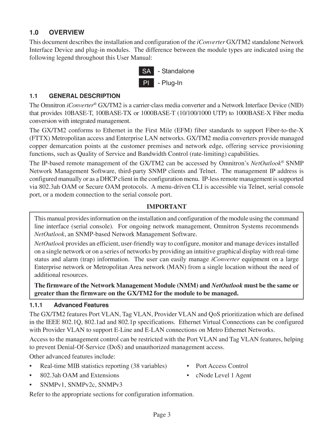 Omnitron Systems Technology GX/TM2 user manual Overview, SA Standalone Plug-In 