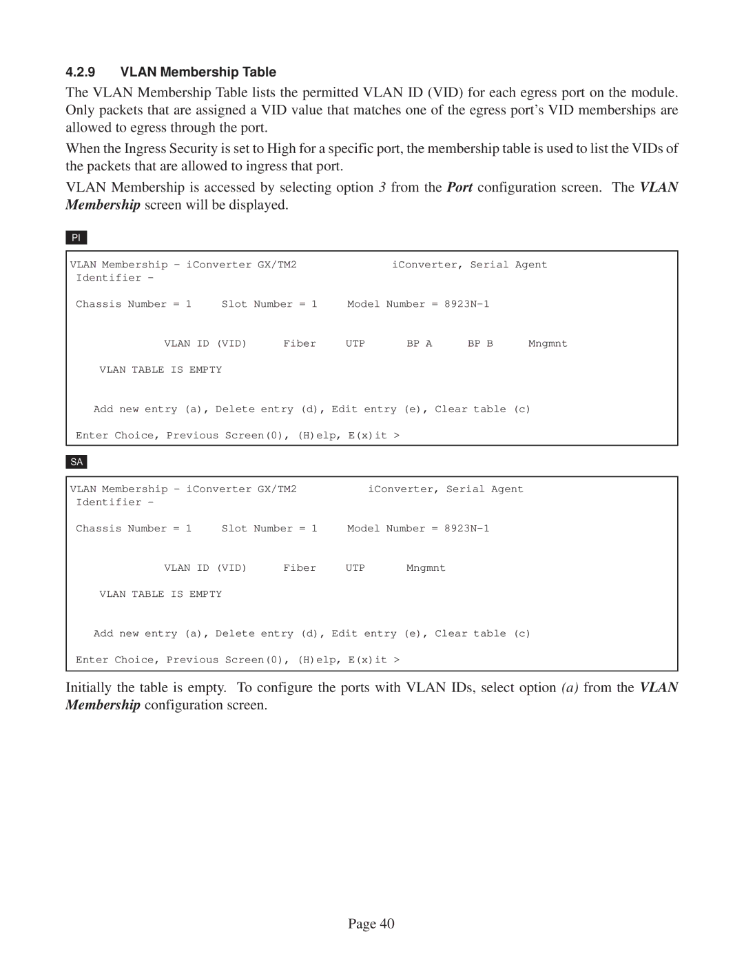 Omnitron Systems Technology GX/TM2 user manual Vlan ID VID, UTP BP a BP B, Vlan Table is Empty 