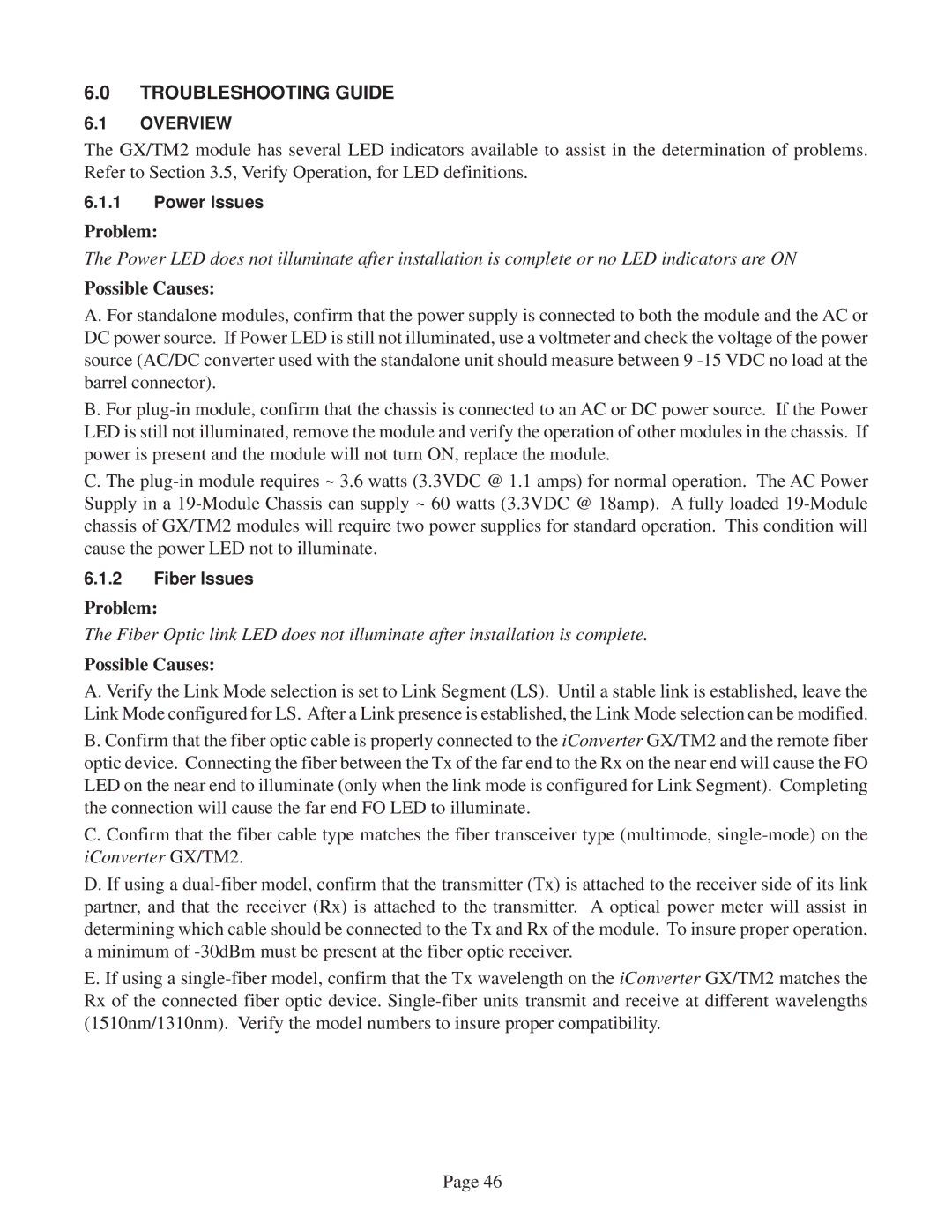 Omnitron Systems Technology GX/TM2 user manual Troubleshooting Guide, Possible Causes 