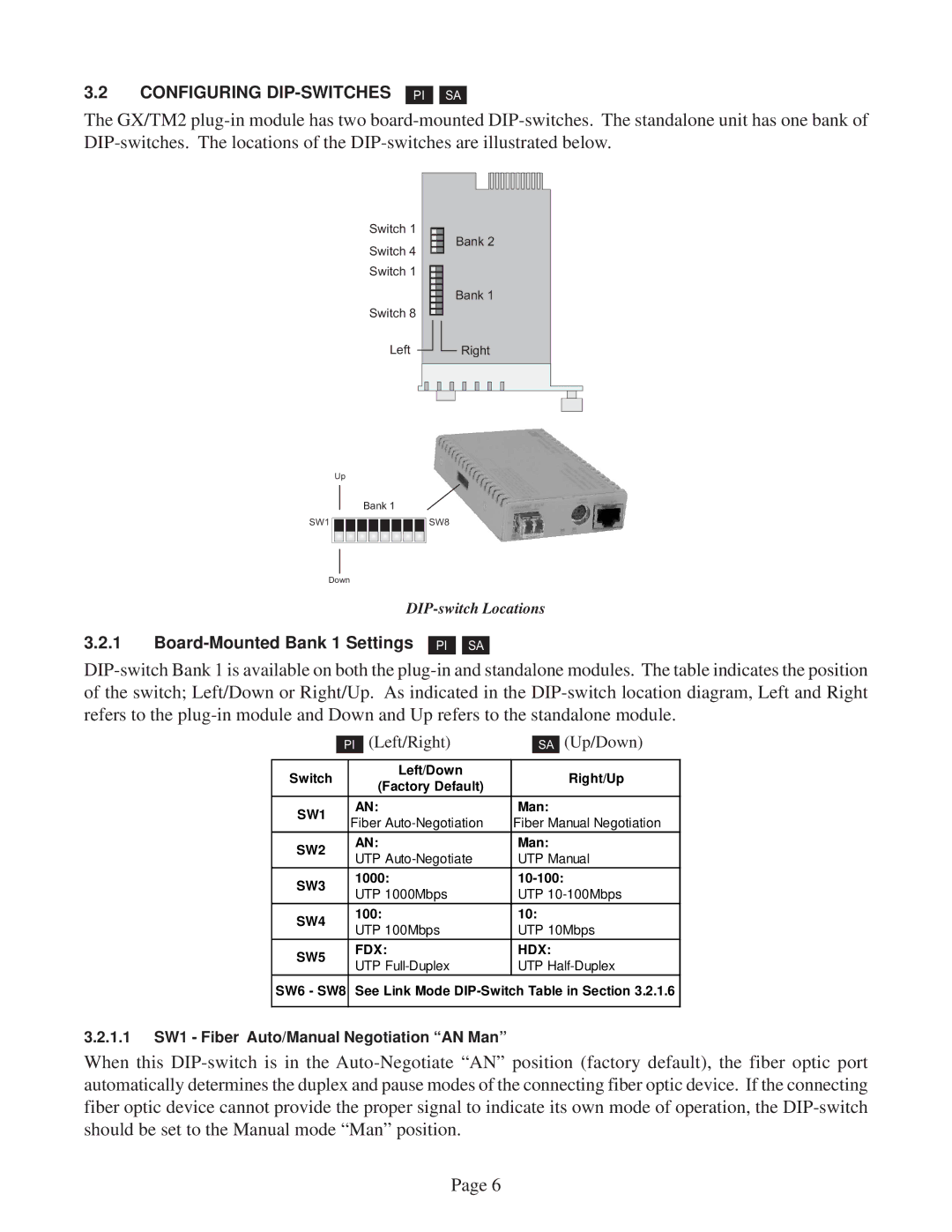 Omnitron Systems Technology GX/TM2 user manual Configuring DIP-SWITCHES 