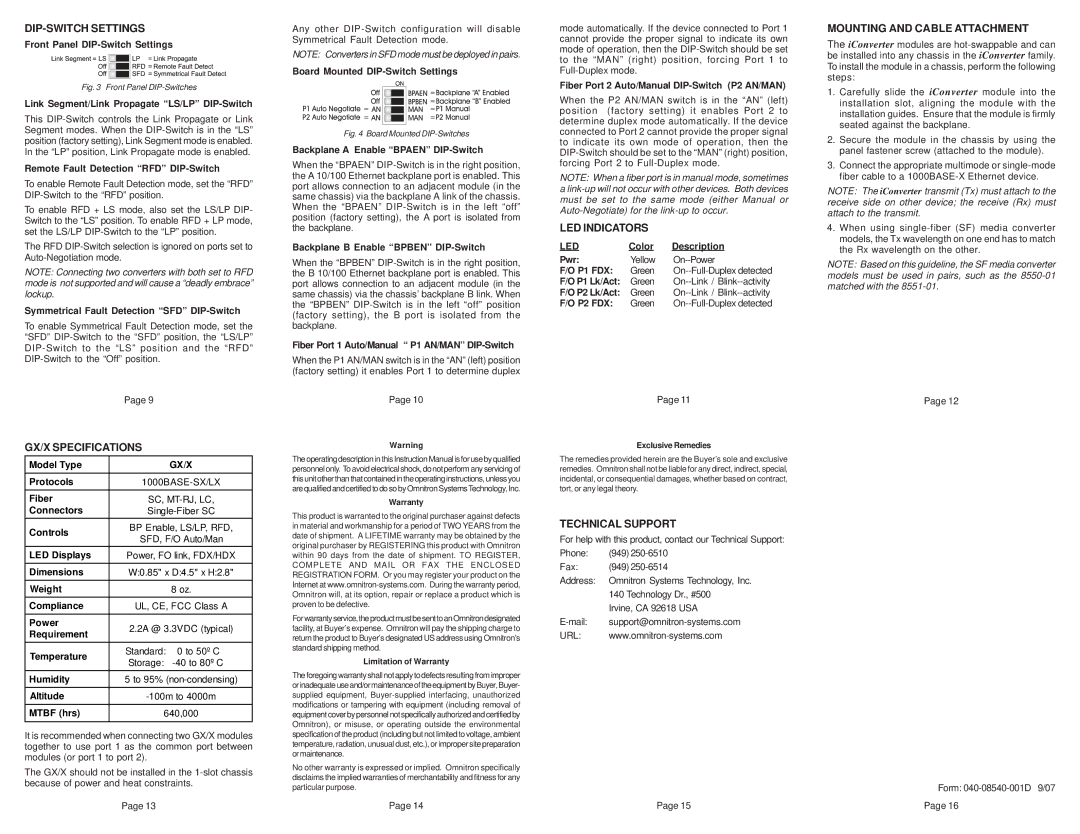 Omnitron Systems Technology user manual DIP-SWITCH Settings, GX/X Specifications, LED Indicators, Technical Support 