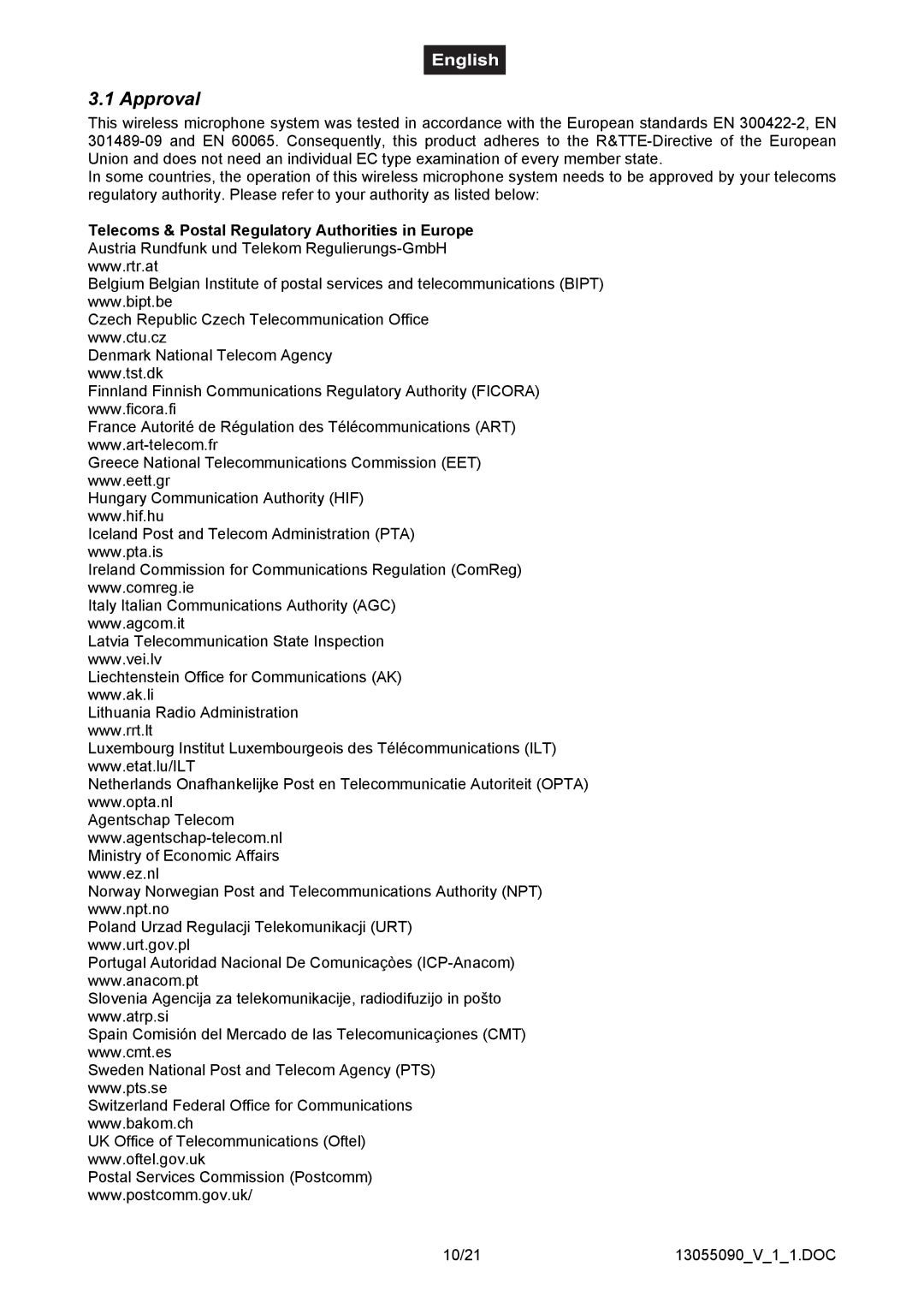 Omnitron Systems Technology HM-1000 user manual Approval, Telecoms & Postal Regulatory Authorities in Europe 