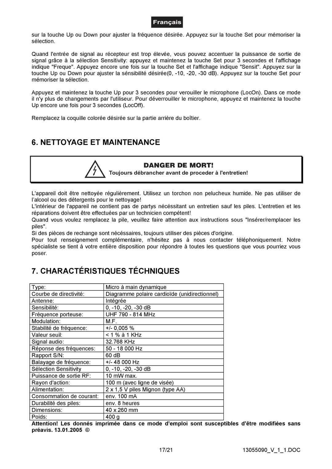 Omnitron Systems Technology HM-1000 user manual Nettoyage ET Maintenance, Charactéristiques Téchniques 