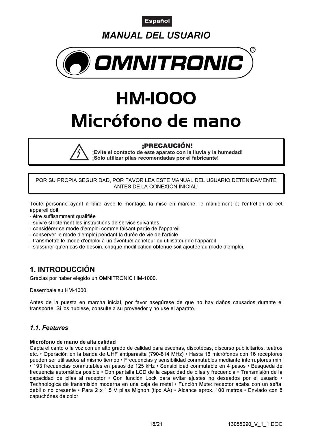 Omnitron Systems Technology HM-1000 user manual Introducción, ¡Precaución, Micrófono de mano de alta calidad 