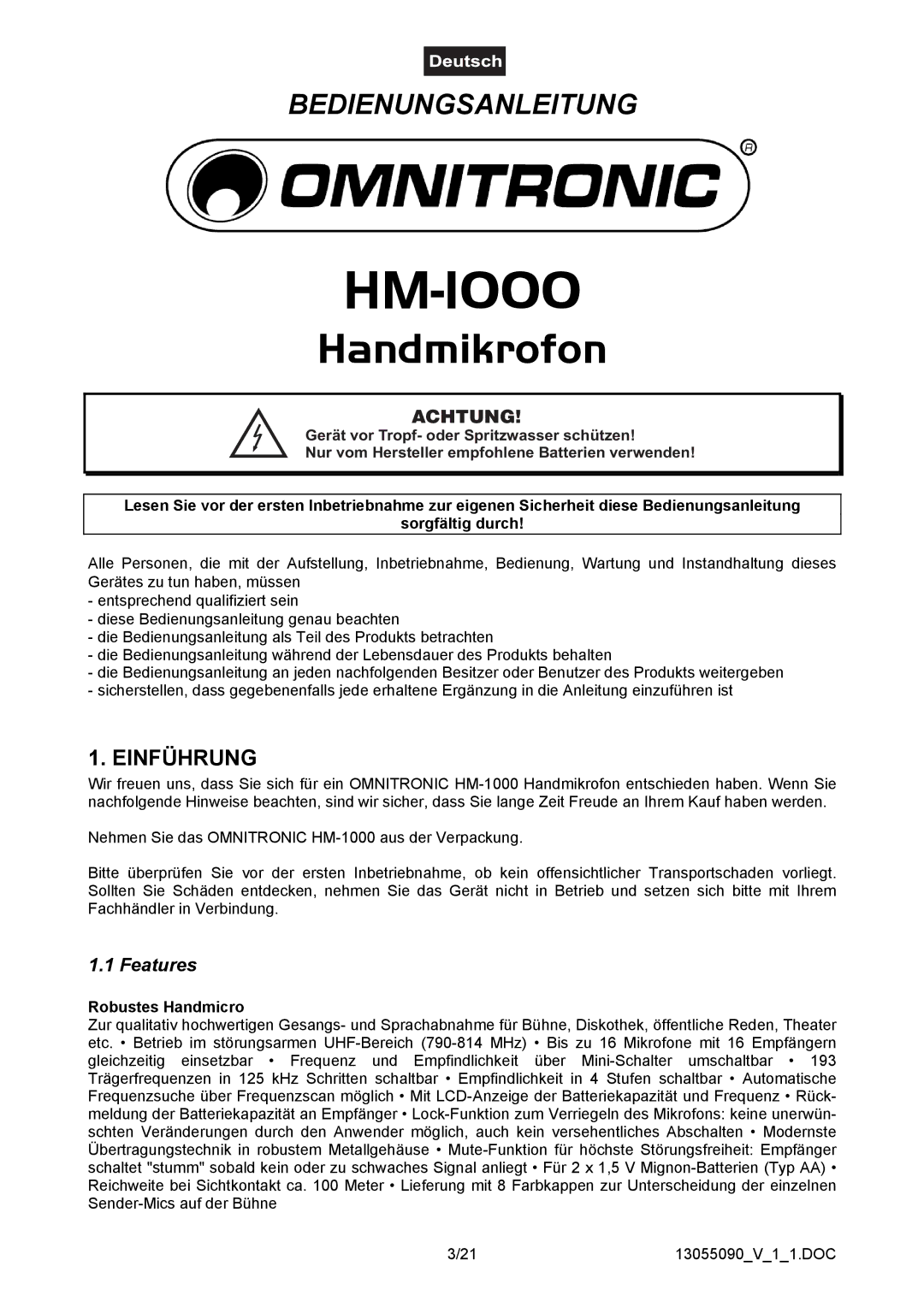 Omnitron Systems Technology HM-1000 user manual Einführung, Achtung, Features, Robustes Handmicro 