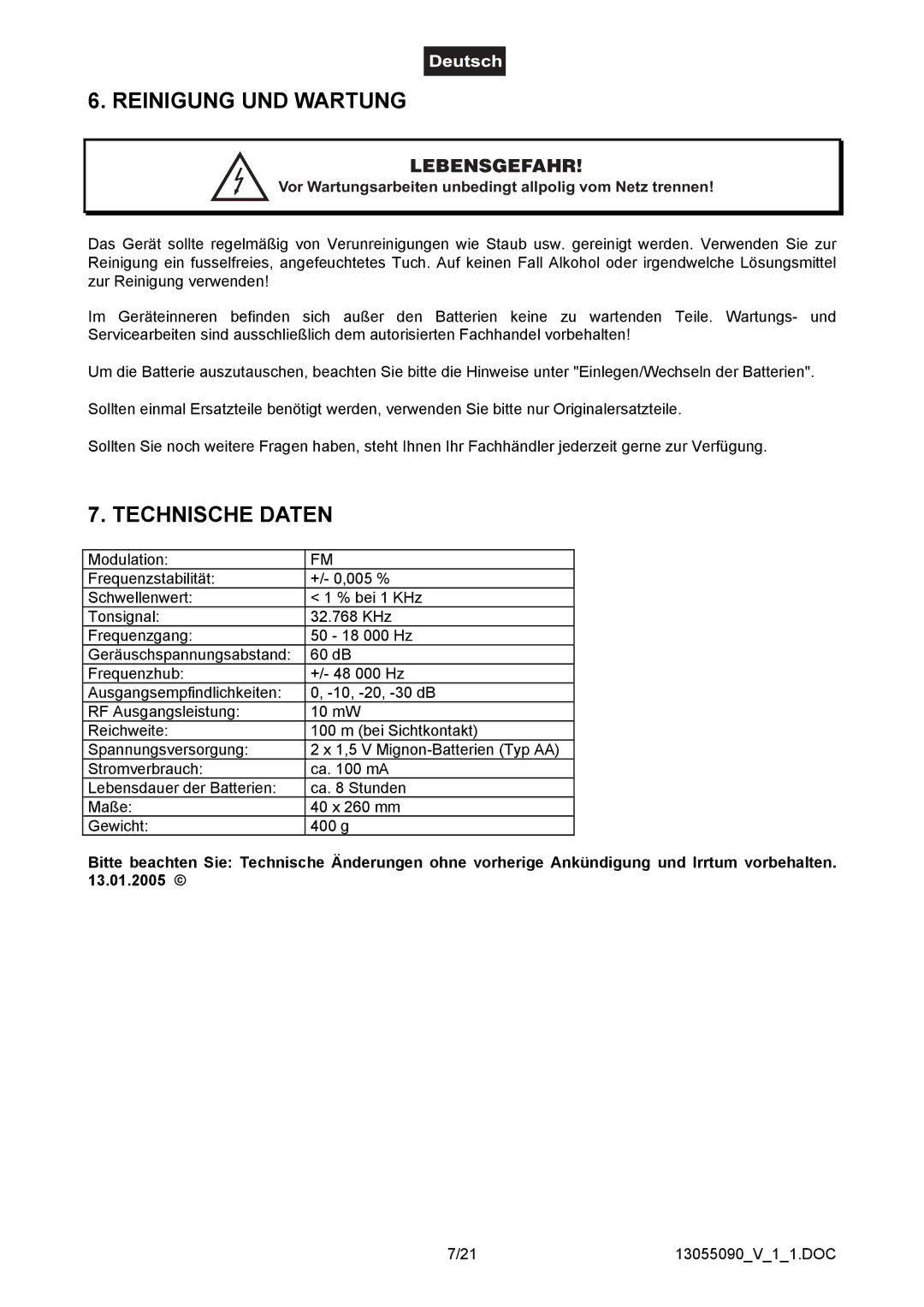 Omnitron Systems Technology HM-1000 user manual Reinigung UND Wartung, Technische Daten, Lebensgefahr 