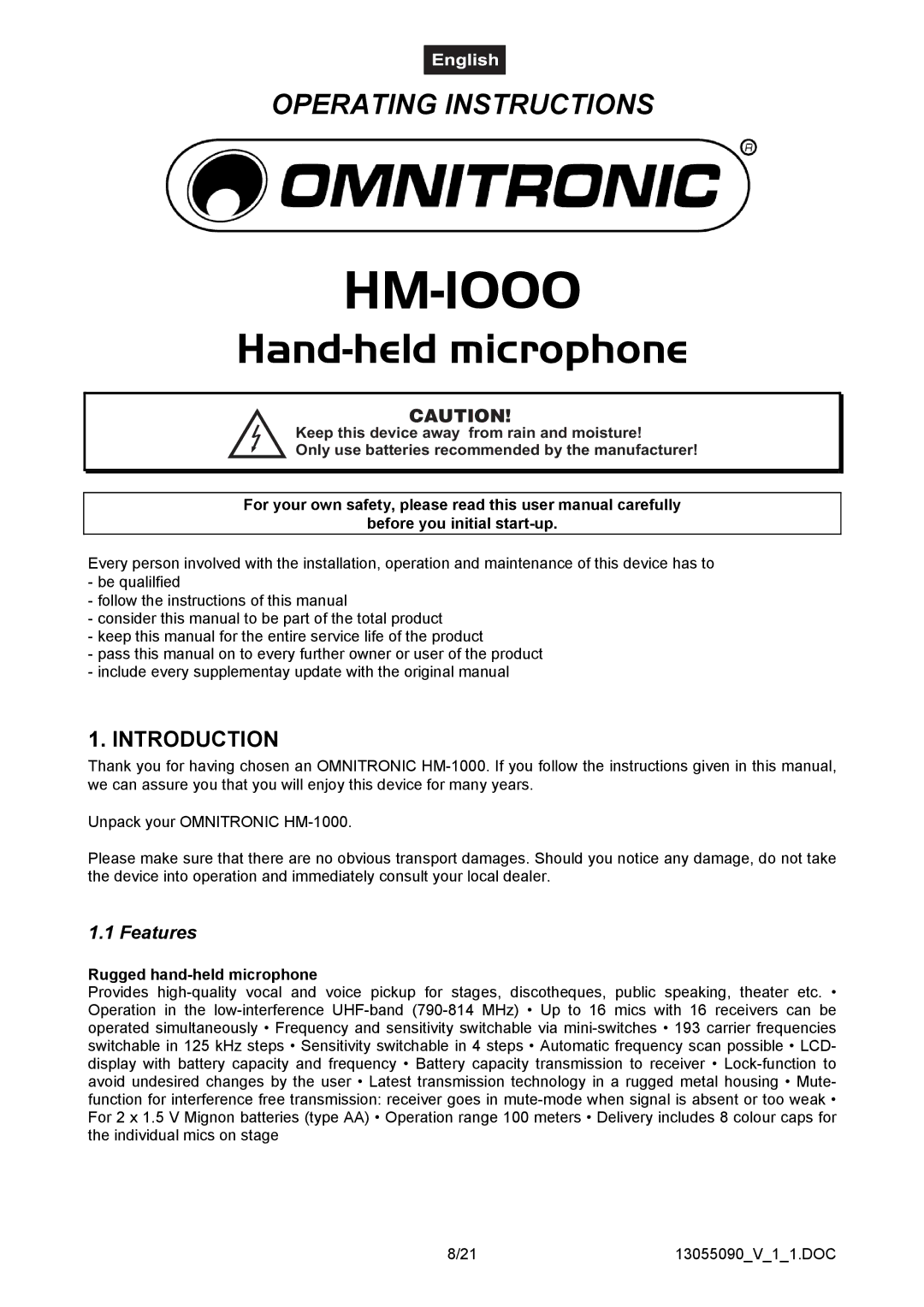 Omnitron Systems Technology HM-1000 user manual Introduction, Before you initial start-up, Rugged hand-held microphone 