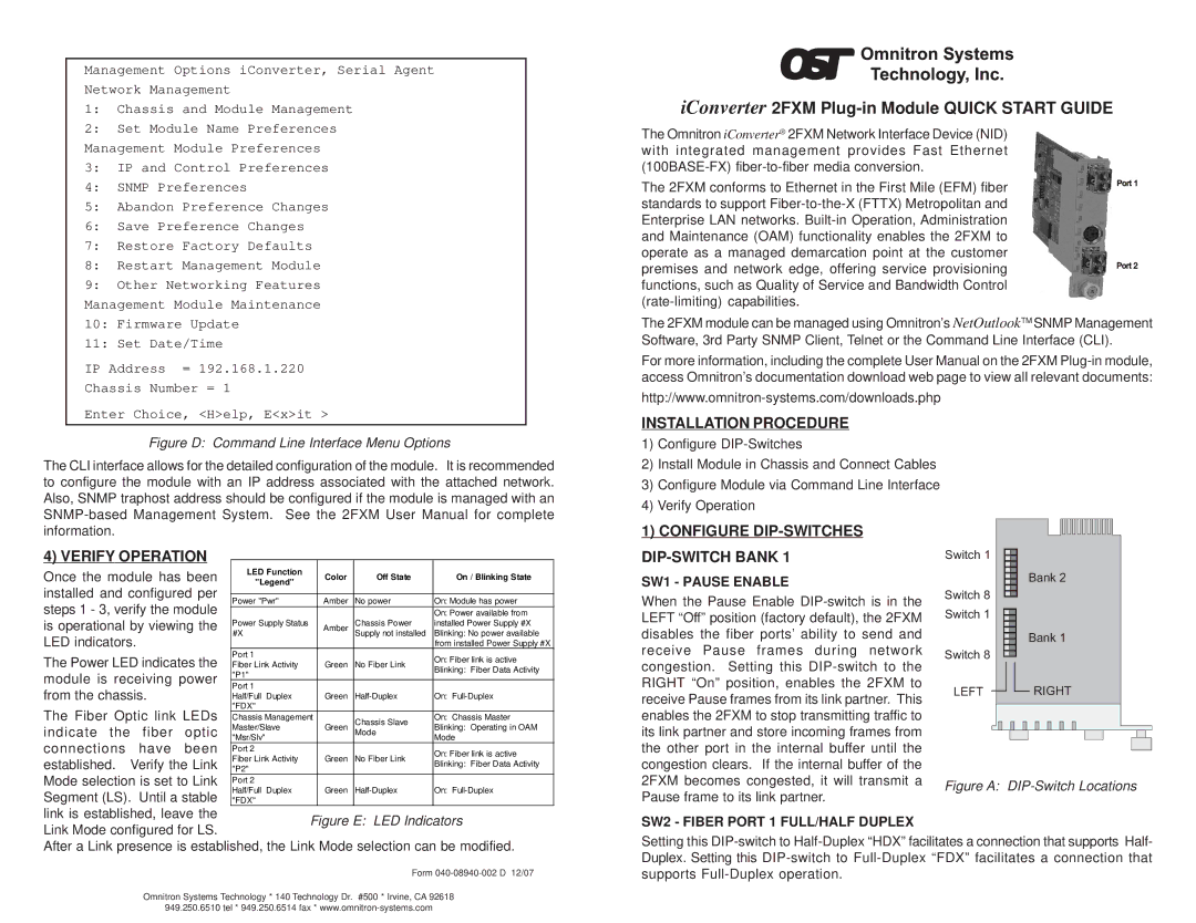 Omnitron Systems Technology iConverter 2FXM quick start Installation Procedure, Configure DIP-SWITCHES, Verify Operation 