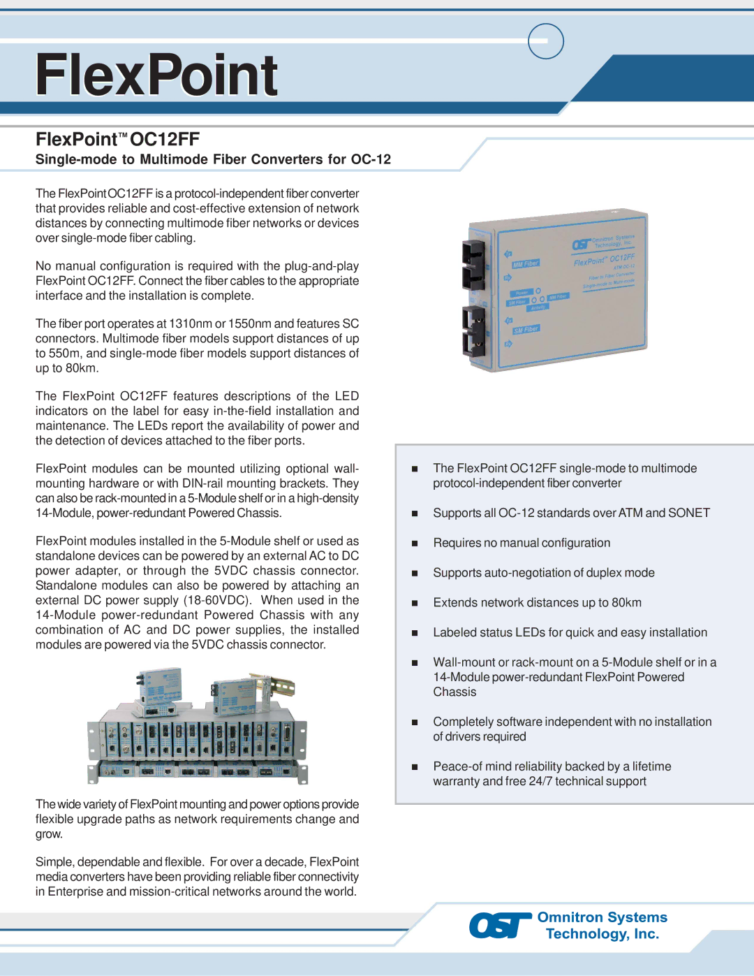 Omnitron Systems Technology warranty FlexPoint OC12FF, Single-mode to Multimode Fiber Converters for OC-12 