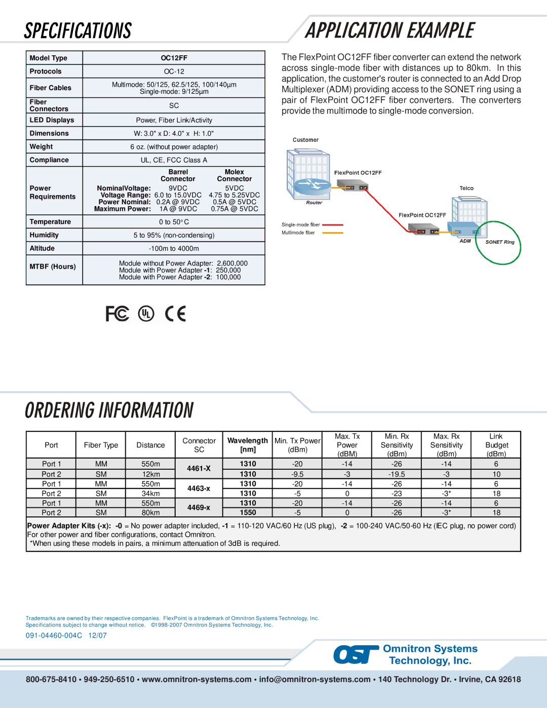 Omnitron Systems Technology OC12FF warranty Wavelength, 4461-X 1310, 4463-x 1310, 4469-x 1310, 1550 