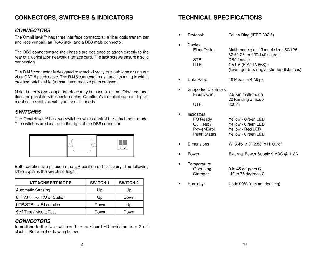 Omnitron Systems Technology OmniHawk user manual CONNECTORS, Switches & Indicators, Technical Specifications, Connectors 