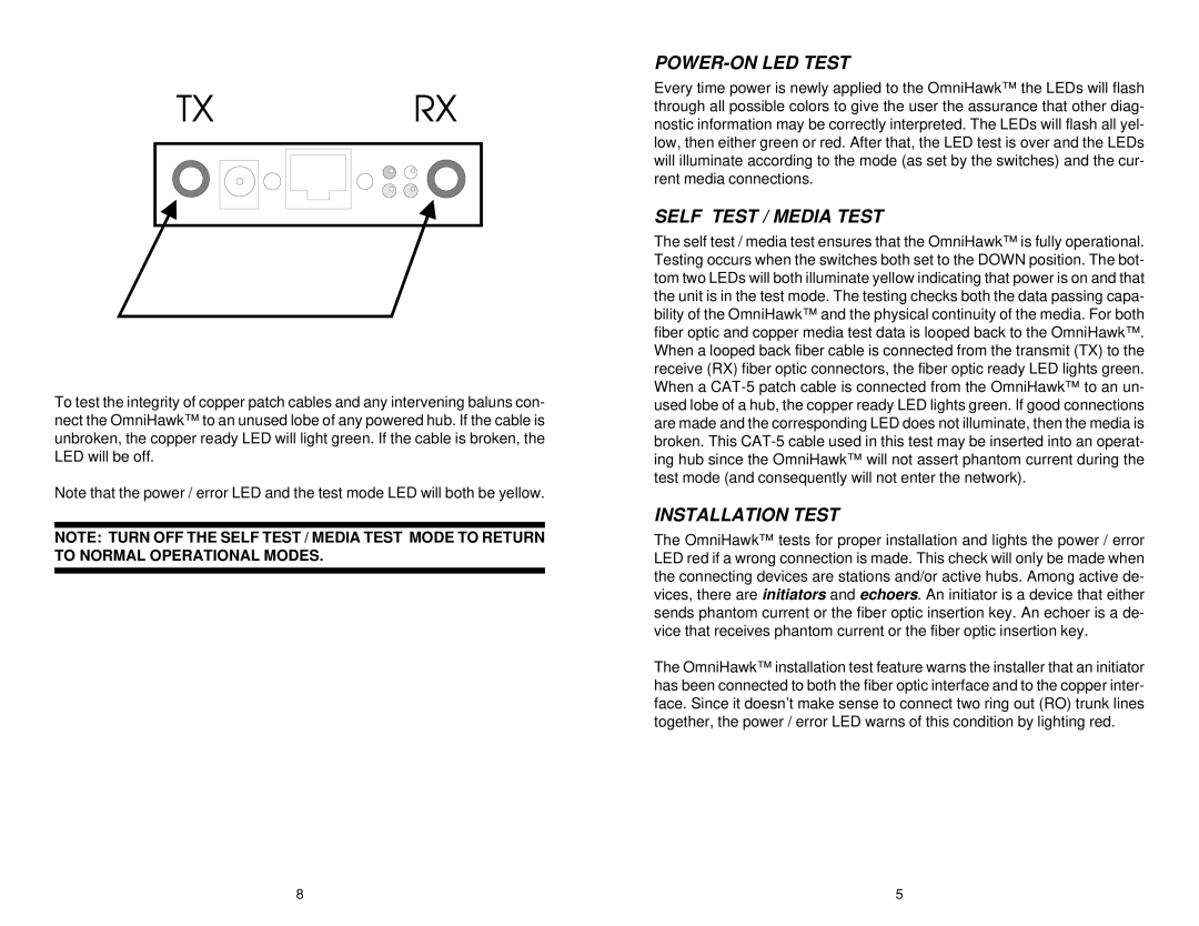 Omnitron Systems Technology OmniHawk user manual POWER-ON LED Test, Self Test / Media Test, Installation Test 